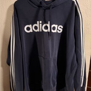 adidas Navy Hoodie with White Logo and Sleeve Stripes